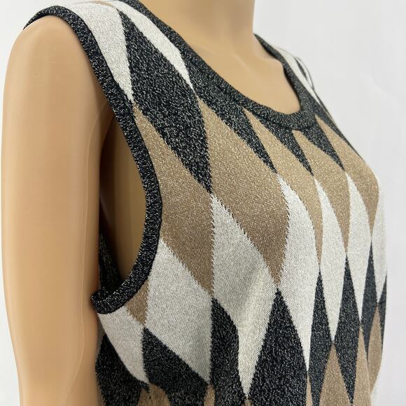 Cable & Gauge (XL) Womens Black metallic Cream Sleeveless Argyle Sweater Vest341 - Picture 2 of 6